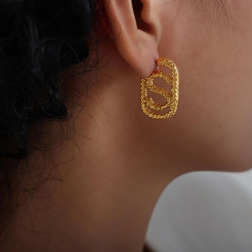 18K Gold Plated Hoop Earrings*Letter S Earrings*Rectangular Earrings*Unique Hoop